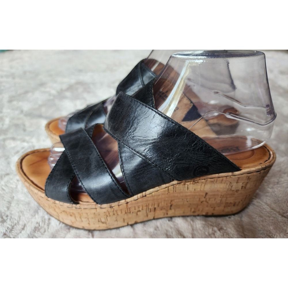 Born Black Leather Cork Wedge Slip On Sandals Womens 8 Platform Strappy Sandal